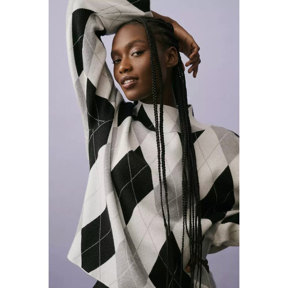 Anthropologie MAEVE Carys Mock Neck Argyle Diamond Pullover Knit Sweater Grey S